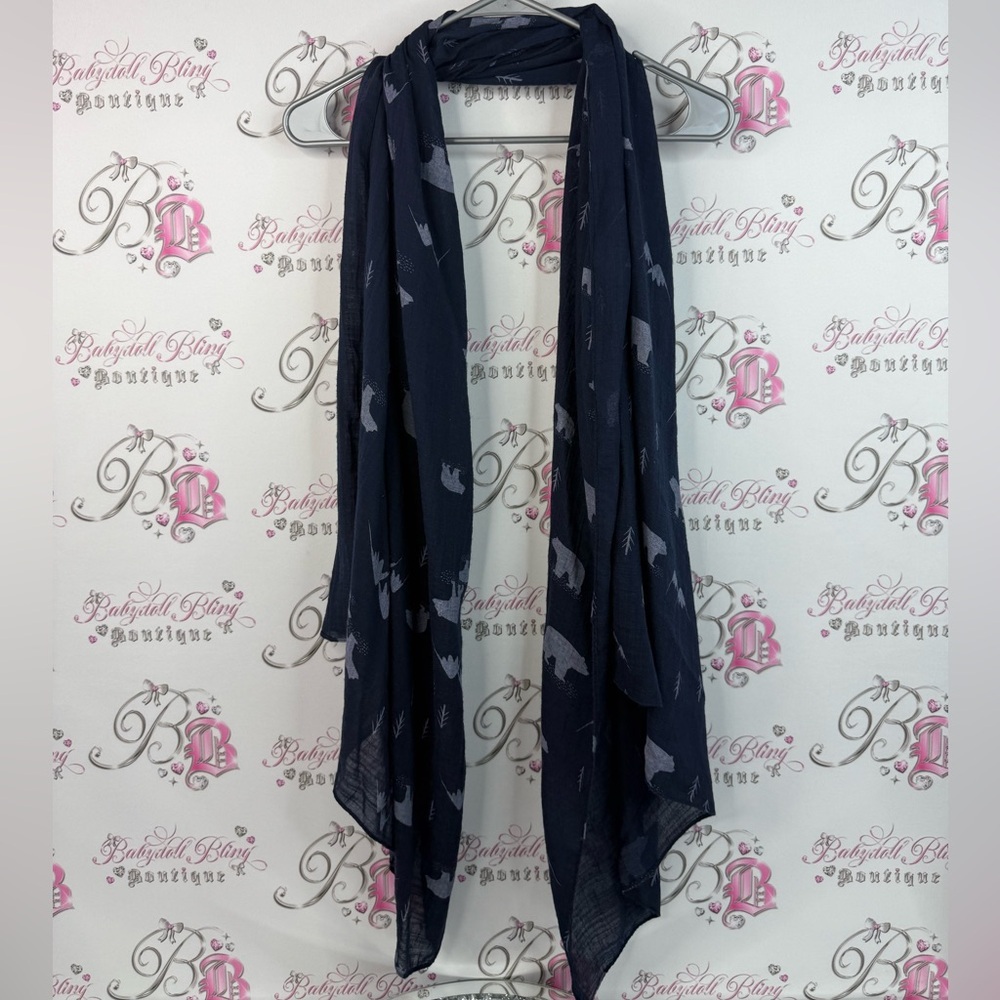 Scarf bears trees cottage theme blue bear pattern Navy Blue Women's Scarf